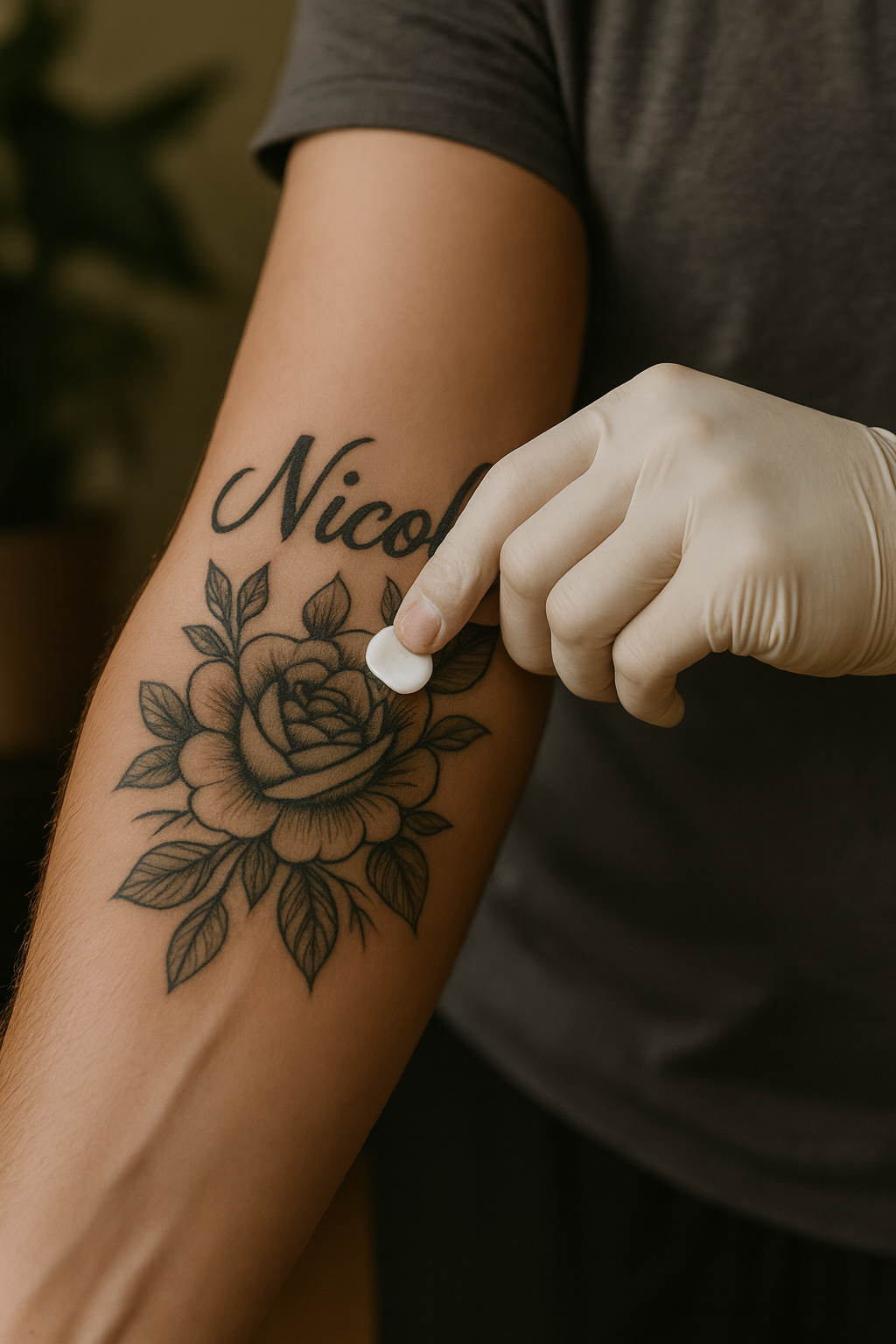 Applying ointment to tattoo